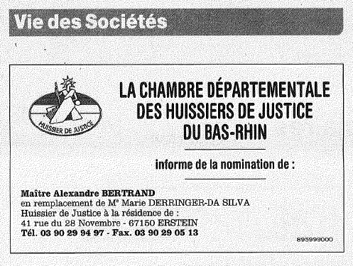 Annonce légale publiée par la Chambre Départementale des Huissiers de Justice du Bas-Rhin